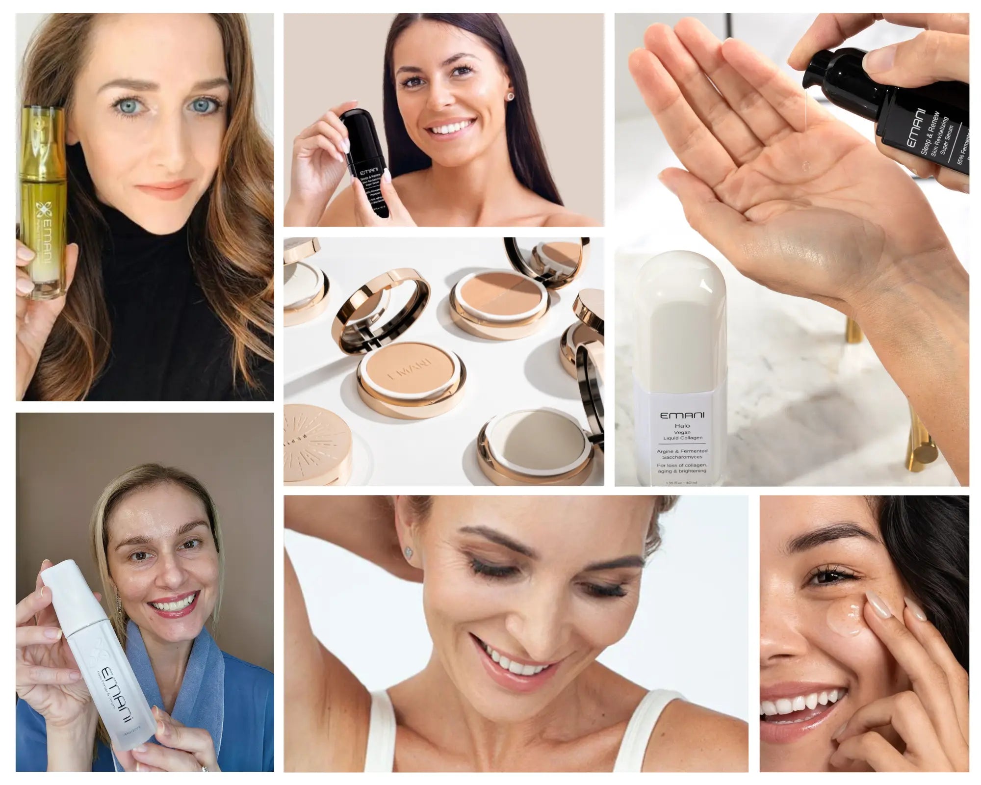 Emani skincare products in use by real users, featuring various beauty products like the Halo Vegan Collagen Serum and flawless matte foundation. Join Emani's affiliate program to earn rewards by sharing your love for clean, vegan skincare. Get sneak peeks of new product launches, exposure on social media, and 20% commission on all sales with exclusive offers for friends and family.