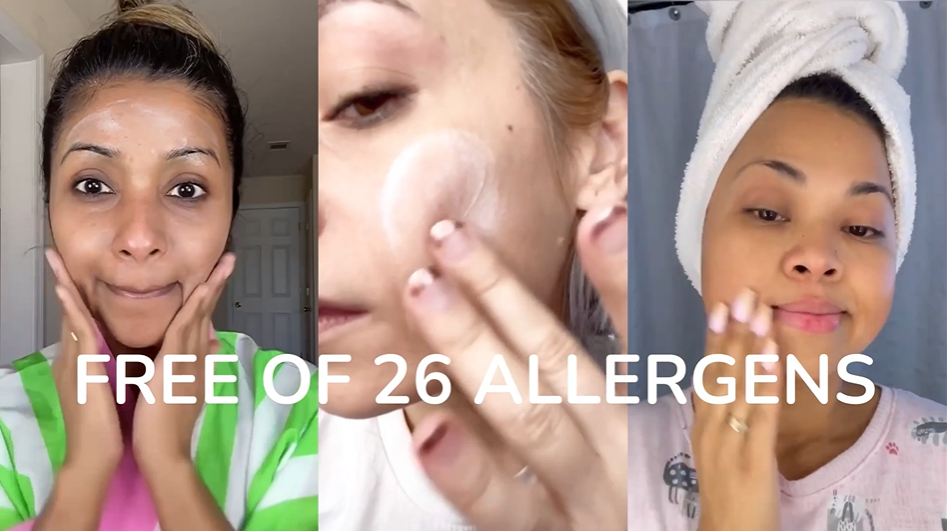 Diverse women applying allergen-free skincare, showing the transformative benefits of using clean beauty products. These products are free of 26 allergens, designed to promote healthy skin, reduce irritation, and enhance radiance, making them suitable for all skin types