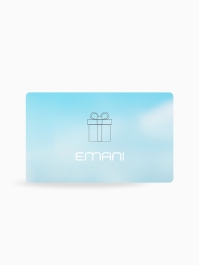 Emani gift card displayed with a blue sky background, perfect for gifting clean, vegan skincare products that promote youthful, radiant skin. Ideal for those seeking a thoughtful beauty gift for sensitive and aging skin.