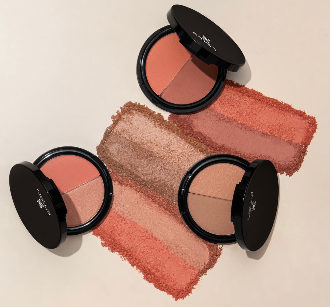 3 open compacts with duo blush colors and powder swatches next to compacts