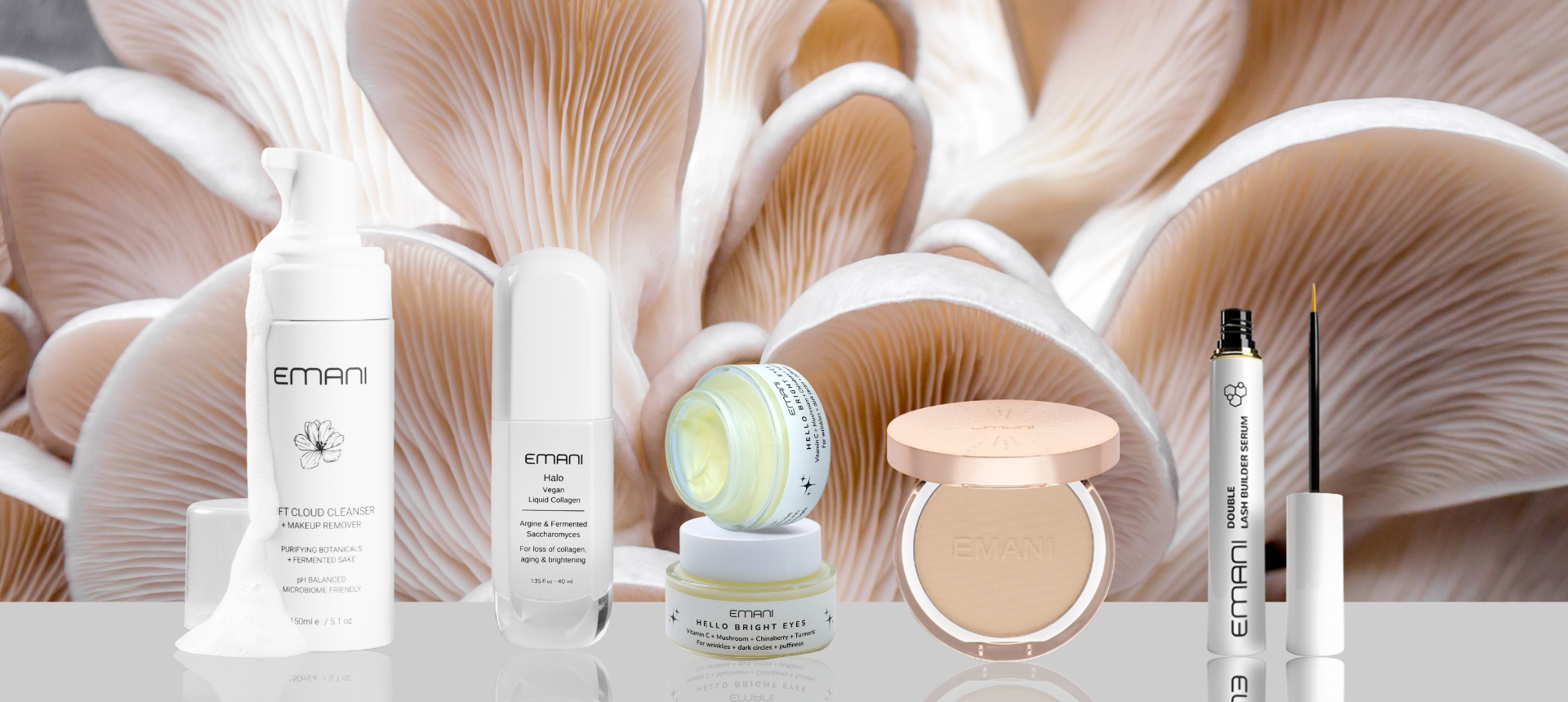 Halo serum with brush and open jar of foundation