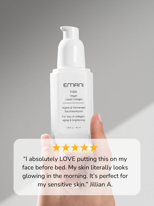 Emani Halo Vegan Liquid Collagen with arginine and fermented saccharomyces for aging skin, collagen support, and brightening. A top-rated vegan skincare serum loved for its hydrating and skin-rejuvenating benefits, ideal for sensitive skin.