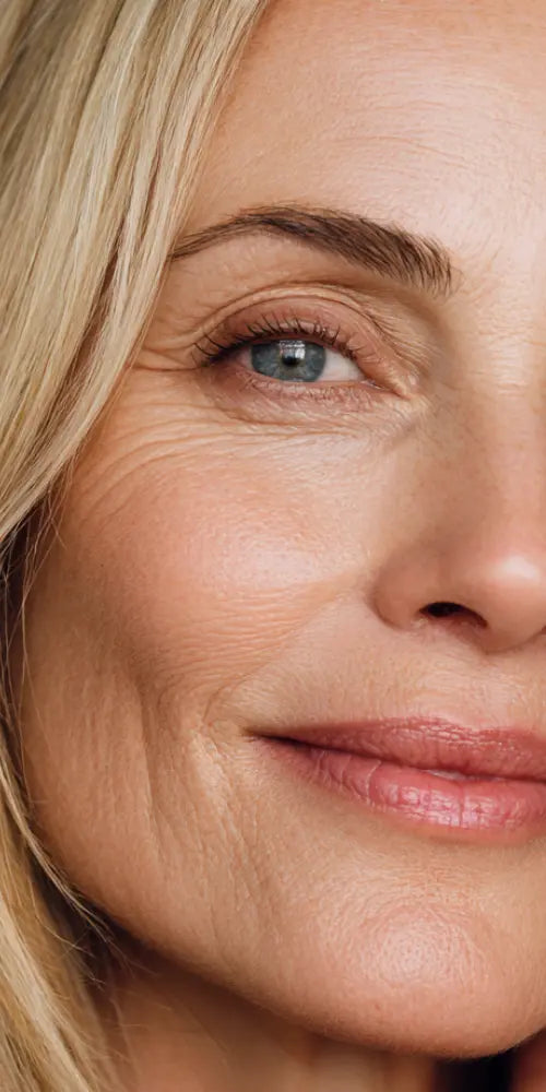 Close-up of a woman's face with a soft smile, blonde hair, and blue eyes.