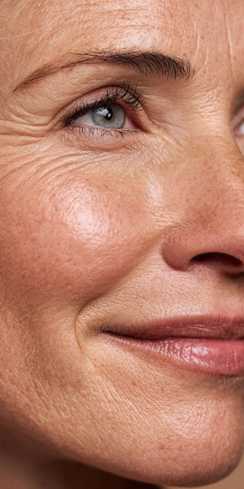 Close-up of a person's face with a focus on the eye and skin texture.