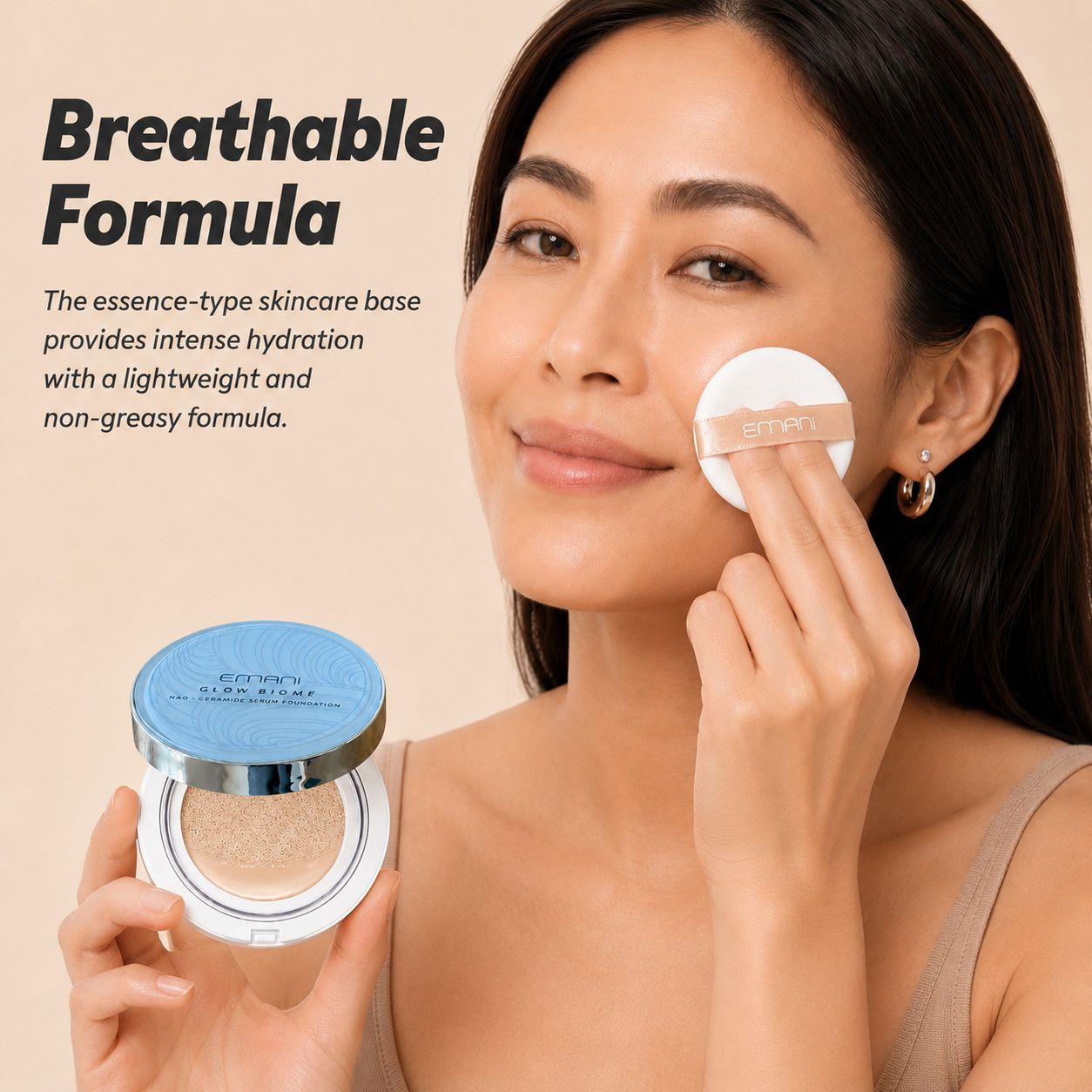 Woman applying skincare product with text about breathable formula on a beige background 