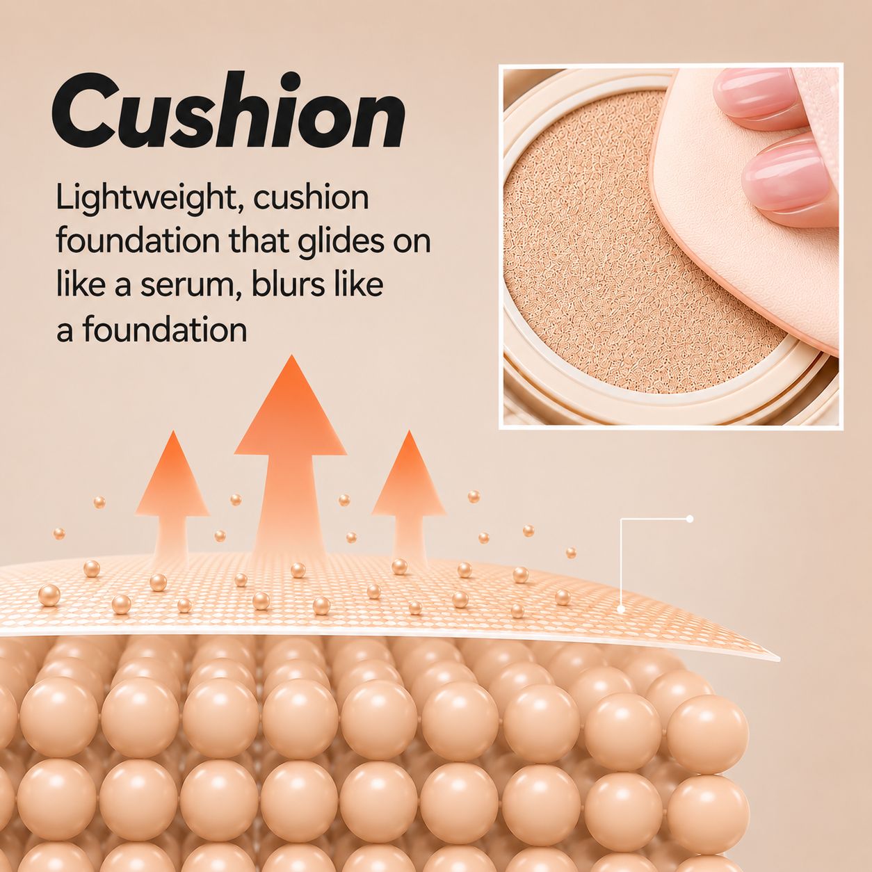 Lightweight cushion foundation with text describing its features on a beige background 