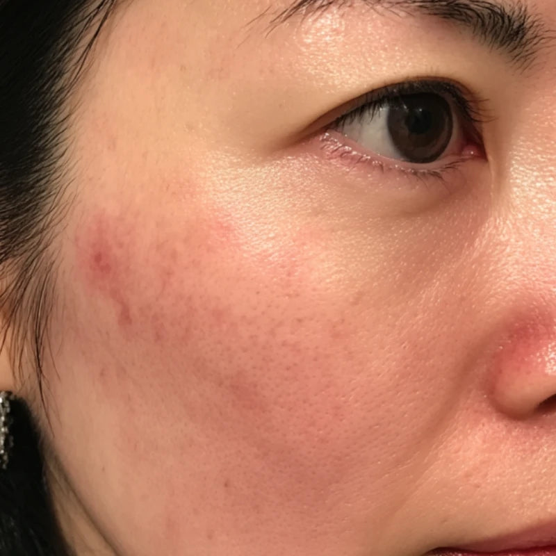 Close-up of a person's face with visible skin imperfections.