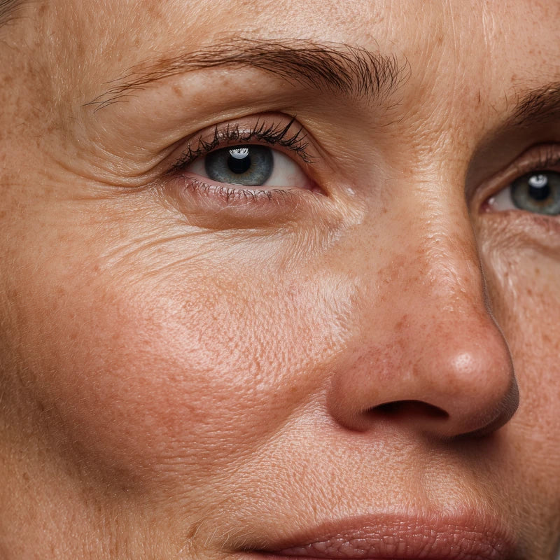 Close-up of a person's face with visible skin texture and wrinkles.