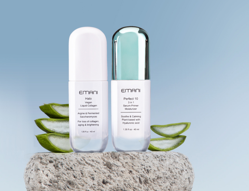 Emani vegan skincare products including Halo Vegan Liquid Collagen and Perfect 10 3-in-1 Serum-Primer-Moisturizer, featuring plant-based ingredients and hyaluronic acid for anti-aging, hydration, and collagen support.