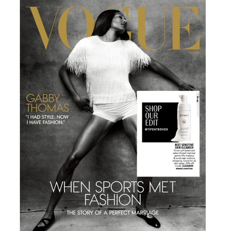 Vogue Winter cover featuring Gabby Thomas with a spotlight on Emani’s Sensitive Skin Cleanser, promoting its gentle, makeup-removing properties. The product is recommended for sensitive skin, offering hydration without stripping, featuring fermented sake for a soothing skincare experience.